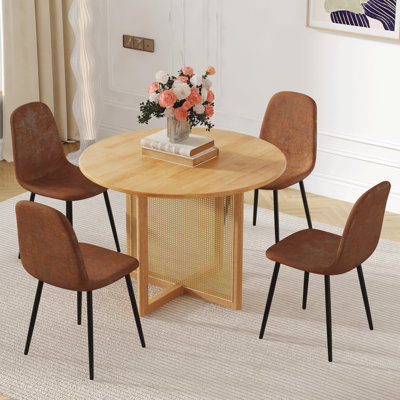 Table And Chair Set.A 42 Inch Diameter Natural Wood Rubber Wood Round Dining Table.4 Comfortable Technology-Fabric Chairs With Metal Legs