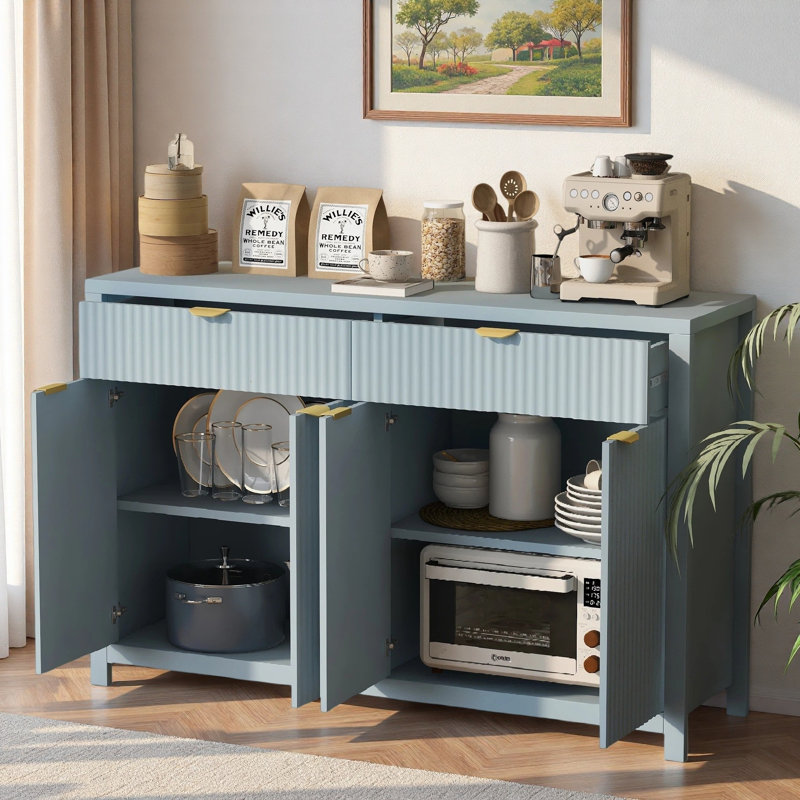 Buffet avec tablettes réglables, 2 tiroirs et 4 portes, Cyan