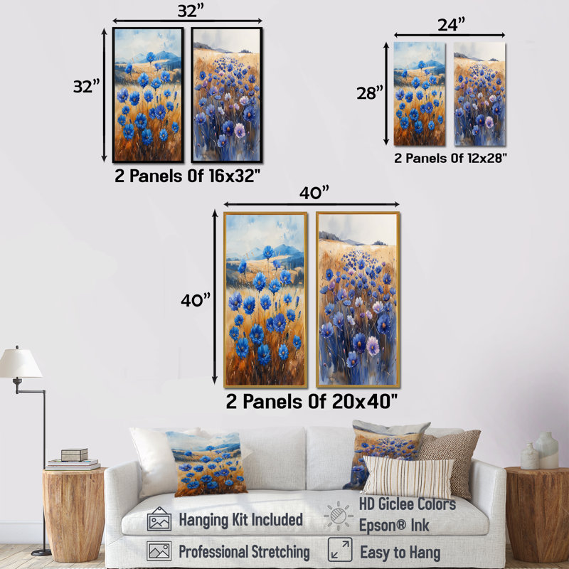 Ensemble de 2 pièces bleues et bleues Summer Breeze Meadow I - Cornflowers, H 32 po x l 32 po, Impression encadrée
