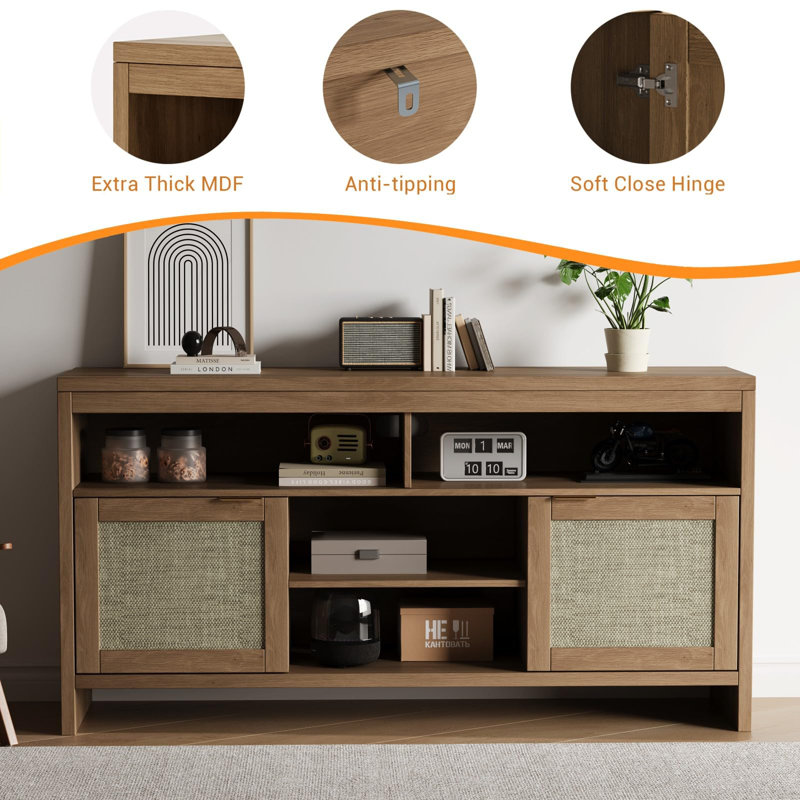 58" Rattan TV Stand for TVs up to 65",Natural Oak Boho Style Entertainment Center with Adjustable Shelves & Storage