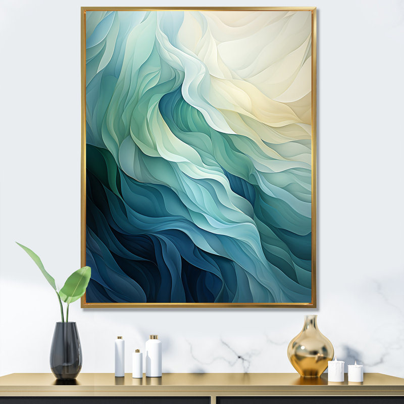 «Gree And White Sway Wave Serenity IV», art mural géométrique, Cadre flottant doré, H 44 po x l 34 po x P 1,5 po