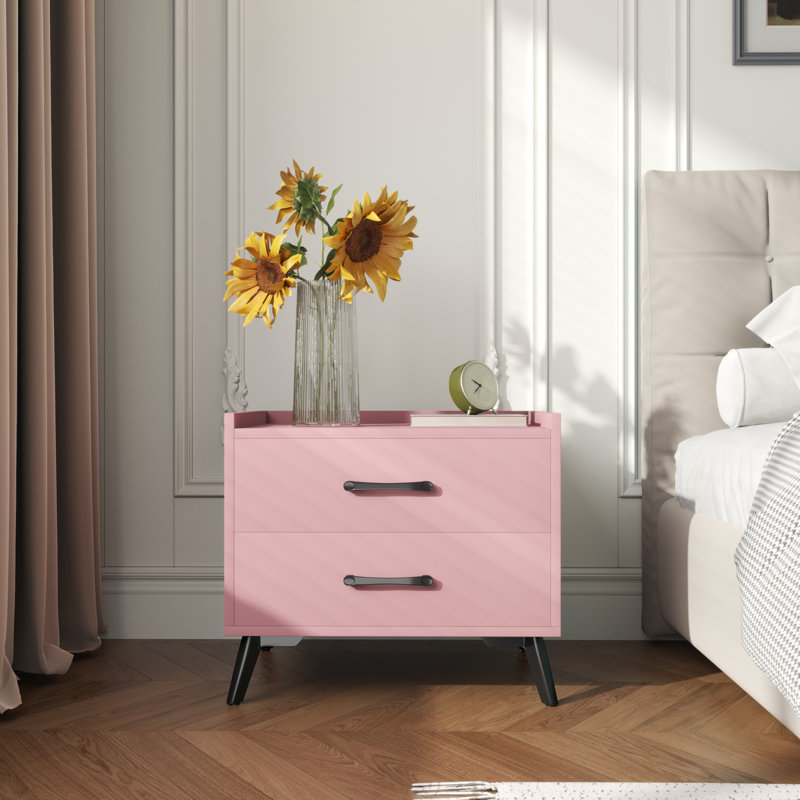 Table de chevet rose à 2 tiroirs - imperméable, protection des bords, pieds hauts pour un nettoyage facile | Idée de cadeau
