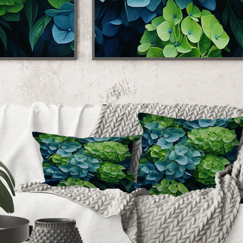 Coussin décoratif imprimé hortensias vert et bleu