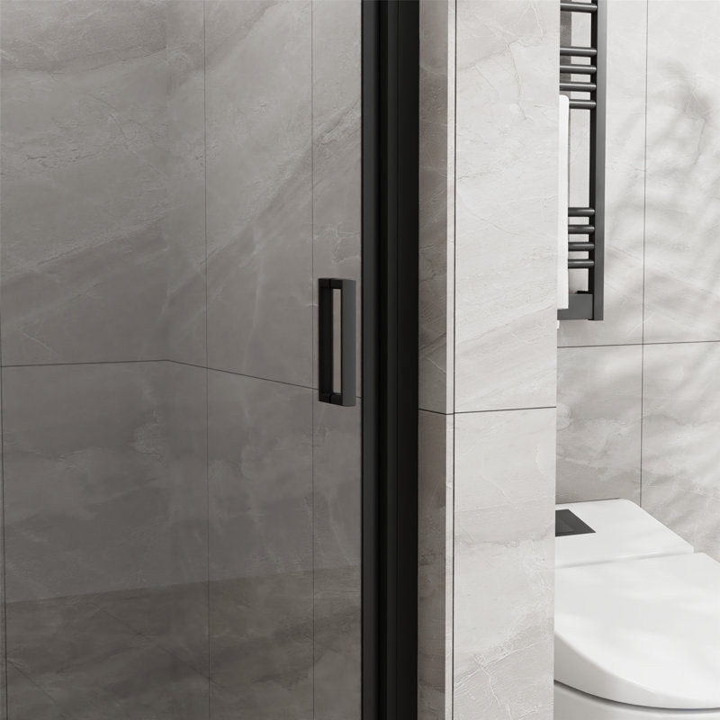 Porte de douche pivotante avec base de douche en acrylique, conception sans cadre, Noir blanc