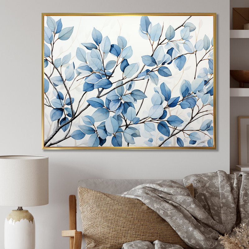 «Blue and Gray Leaves», art mural encadré feuilles, 24" H x 32" W, Cadre flottant doré