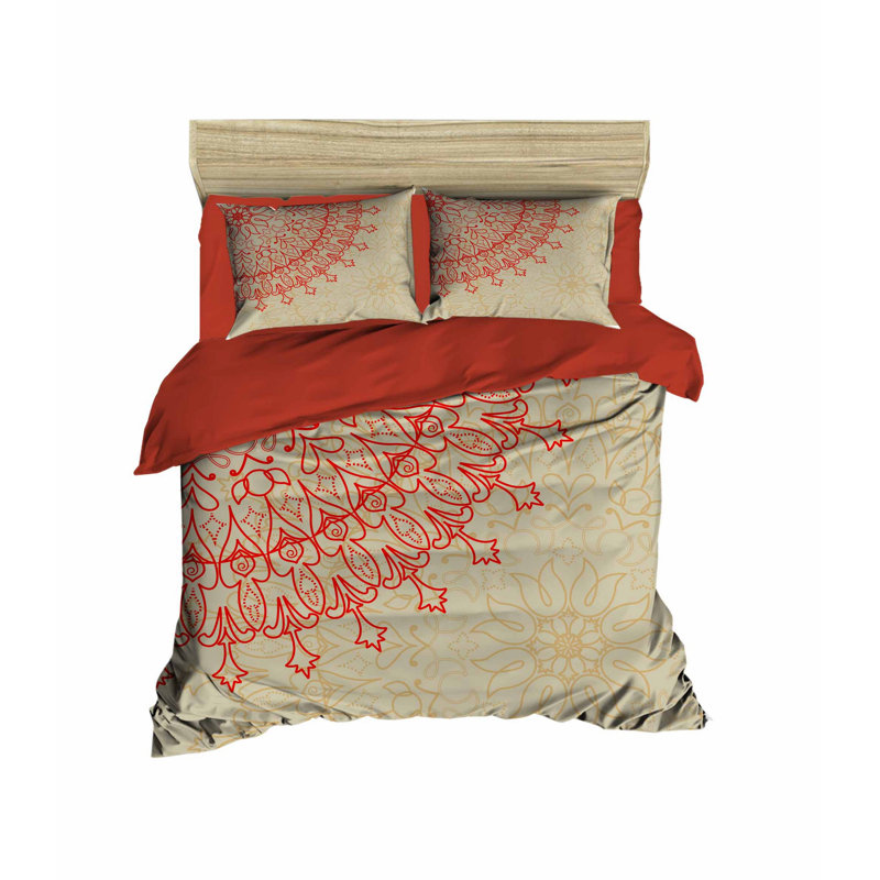 Luxury Double Quilt Cover Set, Red & Gold, 79 x 87 in. | 100% Polyester Microsatin & 100% Cotton, 140 Thread Count, 3D Printing | Includes 2 Pillowcases (20 x 28 in.), Zipper & Envelope Closures, Machine Washable