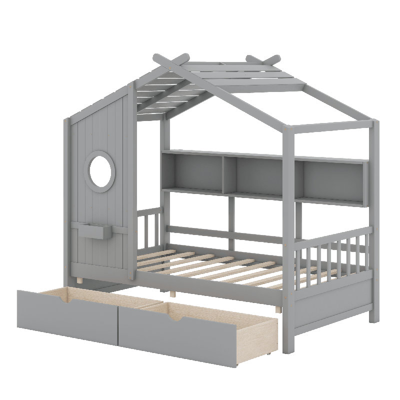Lit maison en bois, Gris, Lit simple