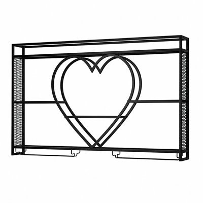 Black metal heart-shaped wall-mounted wine rack, 39.37 x 5.9 x 31.5 inches, 3-tier high-capacity hanging wine rack with a sturdy metal frame and multiple storage levels. Can be used to display cosmetics, houseplants, household items, or wine in the dinin