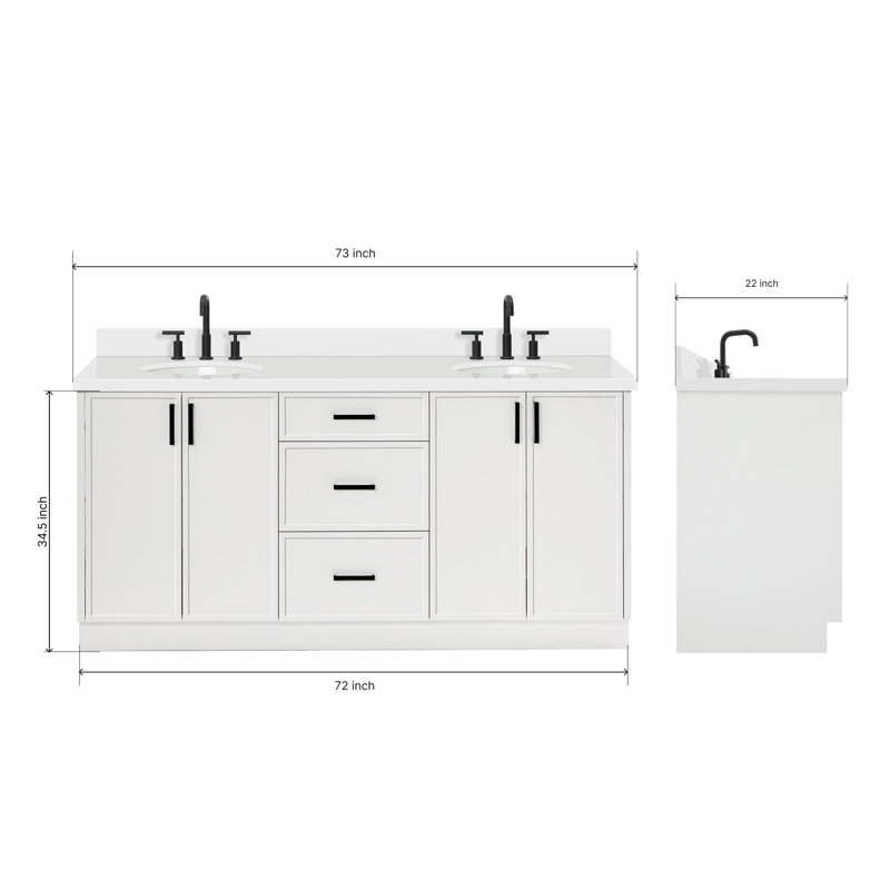 ARIEL Kelly 73 Double Sink Bathroom Vanity with Pure Quartz Top, White, Oval, Pure White Quartz