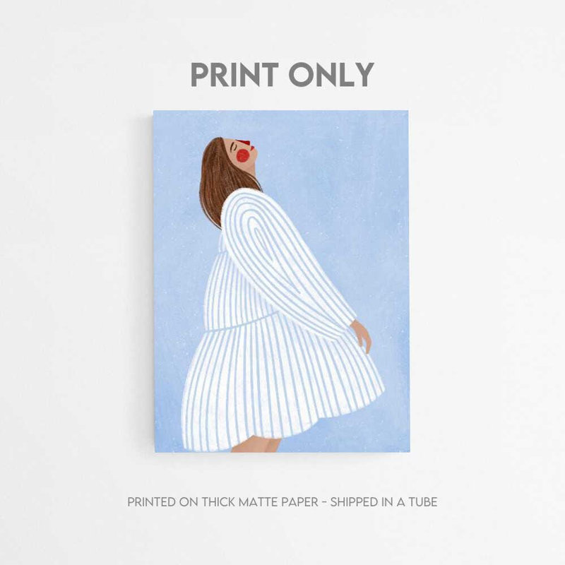 Art contemporain féminin figuratif - imprimé minimaliste bleu et blanc, H 56 po x l 42 po, Brun
