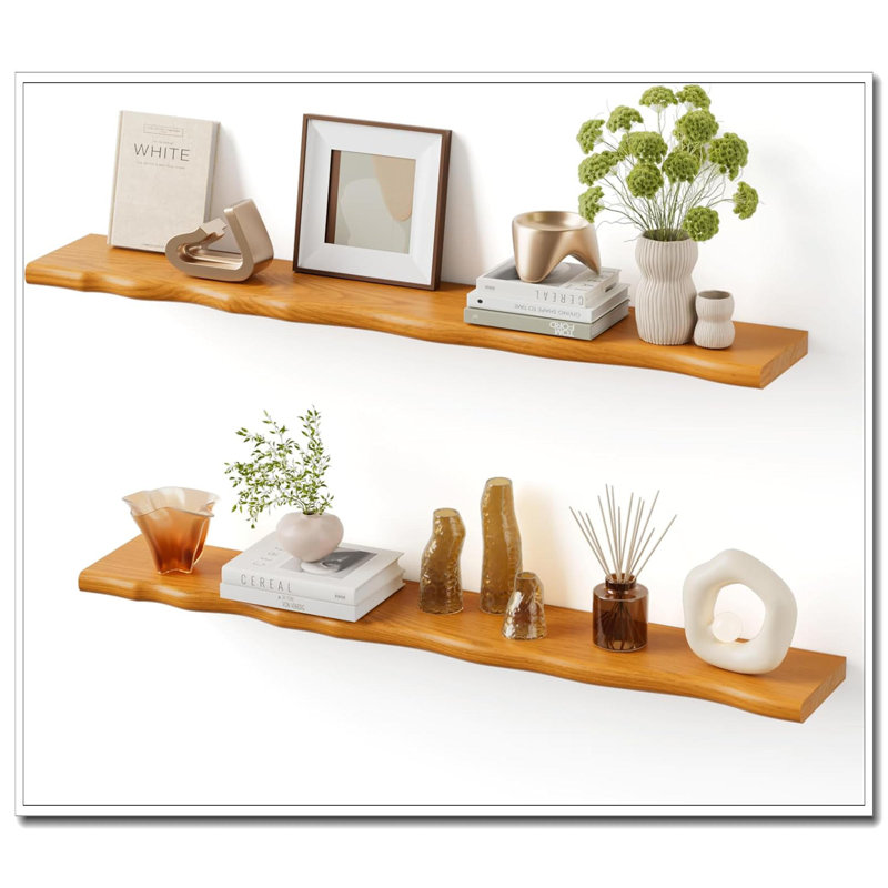 48 Inch Live Edge Floating Wall Shelves Honey Walnut Rustic Pine Wood Shelf For Bathroom Living Room Bedroom Kitchen Wall Mounted