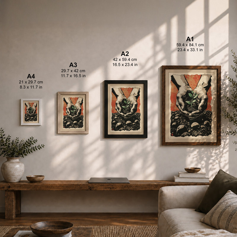Hands Nurturing Growth Expressionism - Framed Print, Oak, A4 - 29.7 x 21.0 cm