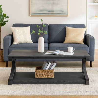 Modern Rectangular Coffee Table With Open Shelf, Waterproof Top & Curved Wood Legs