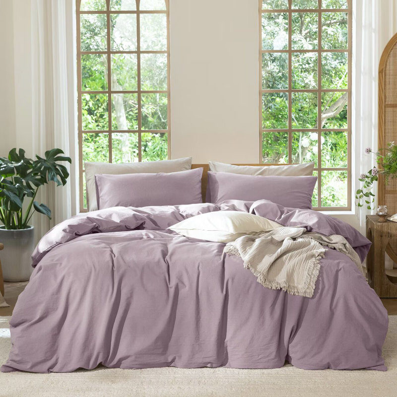 Ensemble de draps 100% coton délavé MooMee, Ensemble de draps pour lit double avec 2 taies d'o, Taro Purple