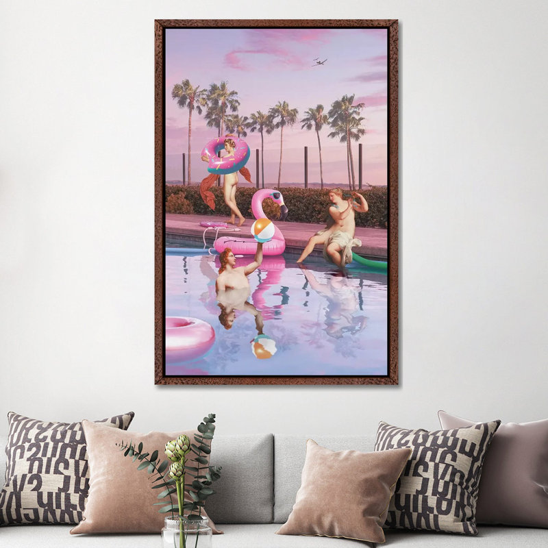 Pool Party by Jonas Loose - Print on Canvas, Classic Brown Wood Framed, 152.4cm H x 101.6cm W x 3.81cm D