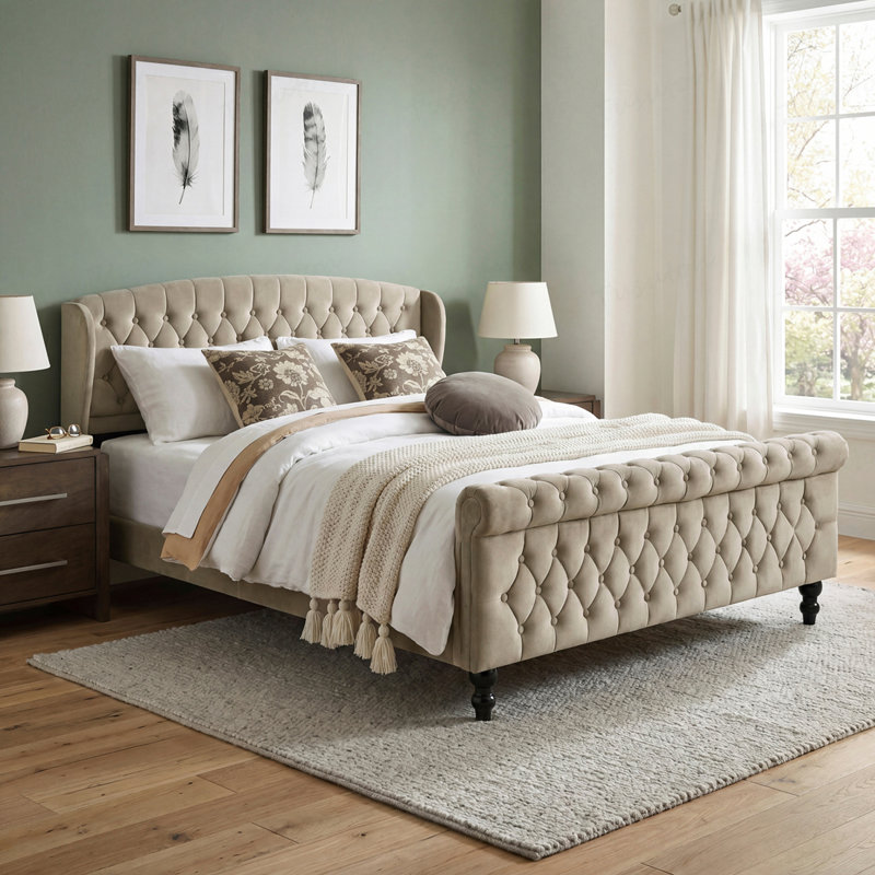 Mobilier de chambre à coucher moderne avec lit plateforme tapissier brun doux capitonné à oreilles, Brun