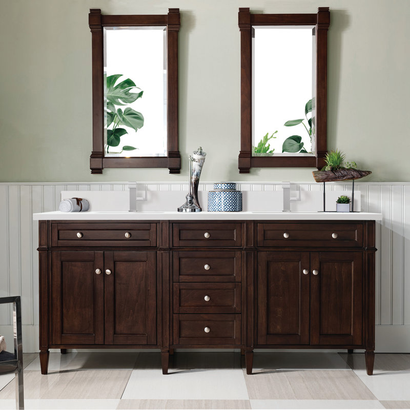Meuble-lavabo double l 72 po Dussault, Acajou bruni, Blanc Zeus, Trou unique