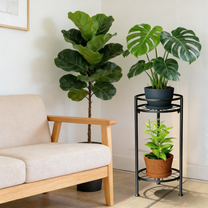 Support à plantes à 2 niveaux en métal pour l'intérieur et l'extérieur, Noir