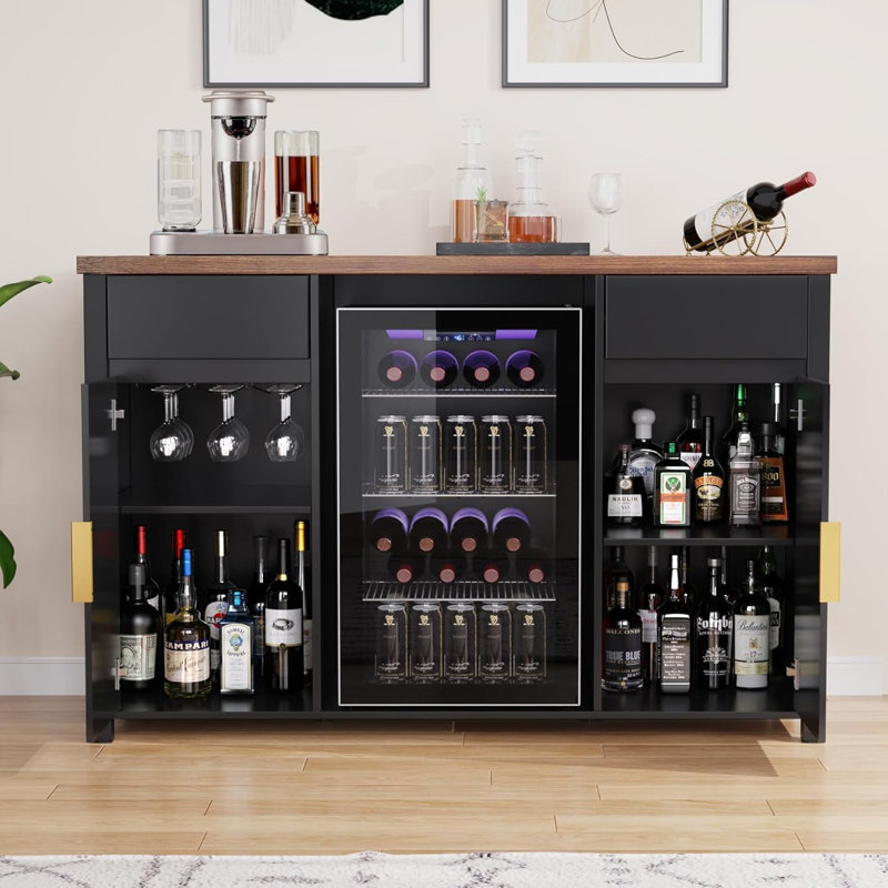 53" Coffee Bar Cabinet with Fridge Space, Charging Station, Mini Fridge Cabinet with Wine Rack, Fluted Liquor Cabinet, Large Buffet Sideboard Table for Living Room, Dining Room, Kitchen