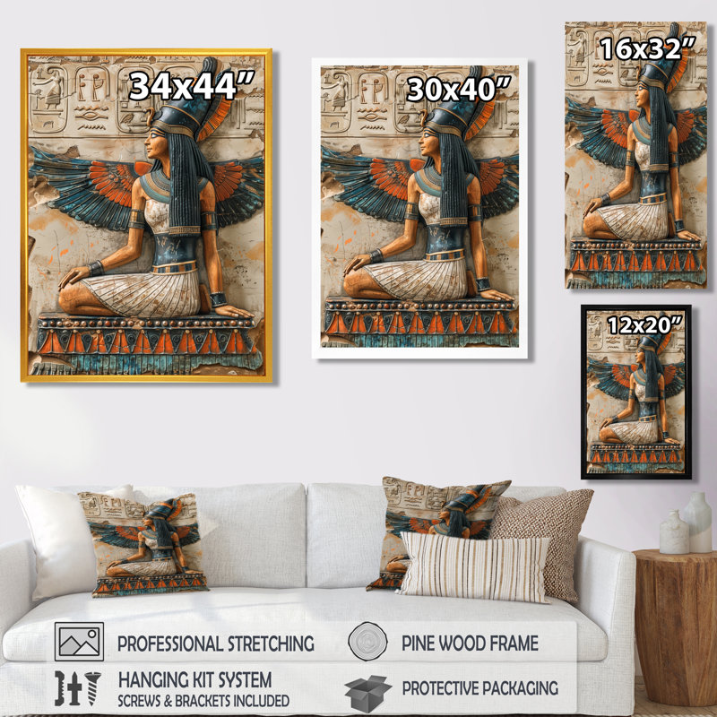 Bleu et beige déesse égyptienne IV - Égypte, salon d'art mural, Toile encadrée noire simple, H 40 po x l 30 po x P 1,5 po