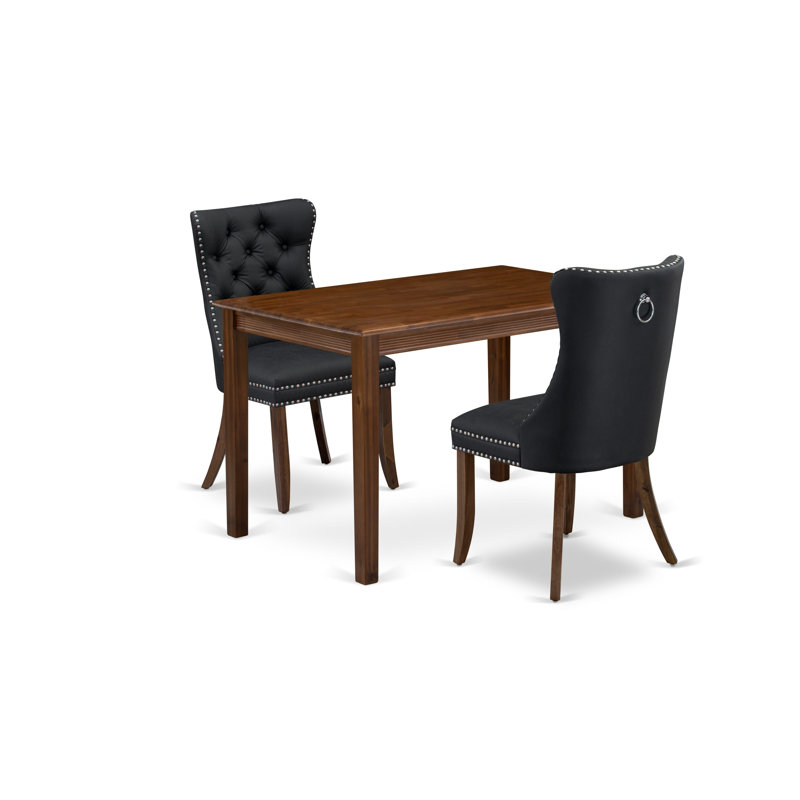 L'ensemble de mobilier de salle à manger 3 pièces comprend une table rectangulaire en bois massif et 2 chaises rembourrées en tissu de polyester, noyer antique