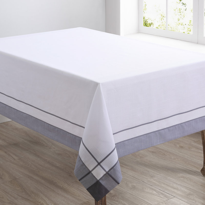 Gray and White Cotton Banded Border Tablecloth