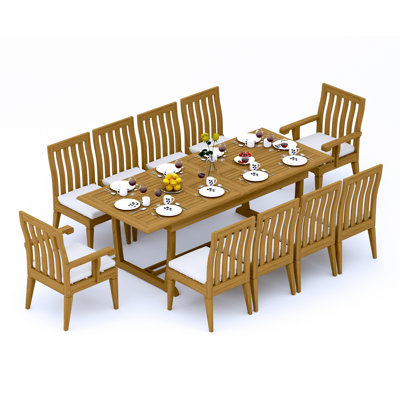 9 Pcs Grade-A Teak Wood Dining Set: 94" Double Extension Mas Rectangle Trestle Leg  Table And Caranas Chairs (2 Arm & 6 Armless Chairs) #11Ca2102