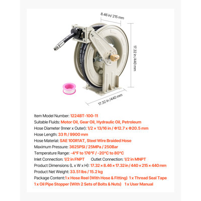 Oil Hose Reel, 1/2 inch x 33 ft Retractable, Max 3625 PSI, Spring Driven Auto Swivel Rewind, Heavy-Duty Carbon Steel Construction with Steel Wire Braided Hose