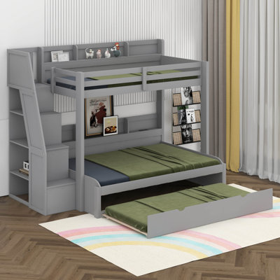 Lit superposé simple au-dessus de double avec lit gigogne et escalier de rangement, garde-corps pleine longueur, tablettes de rangement et port USB, aucune boîte à ressorts nécessaire