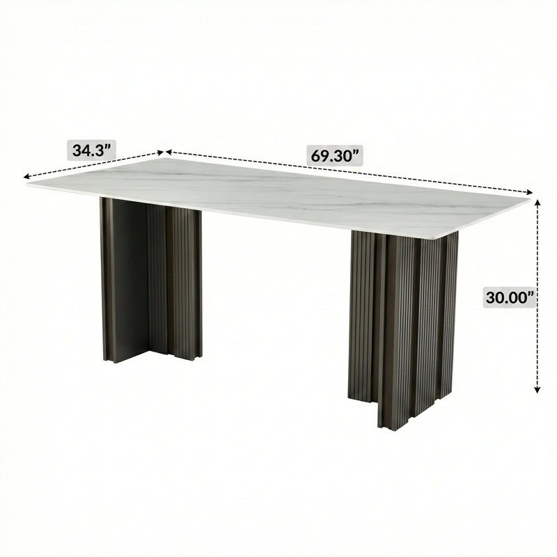 69.30-Inch Rectangular Dining Table, Modern Style, Tempered Glass With Marble Texture Tabletop, Matte Brushed Table Legs, Suitable For 4-6 Persons, White Marble Pattern, Matte Grey Finish.