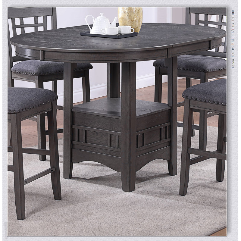 Round Counter Height Dining Table With Built-In Leaf And Lower Shelf, Solid Wood Construction, Gray Finish