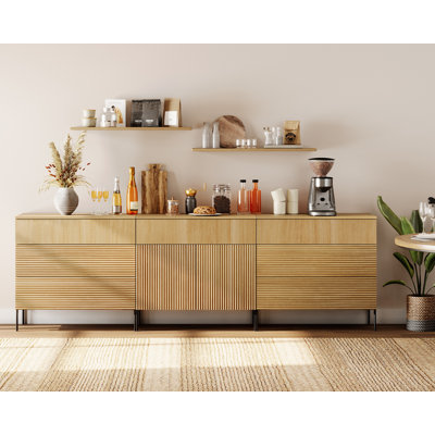 Buffet 94,5 po moderne en roseau avec tiroirs et portes, armoire de rangement en bois 3 en 1 pour cuisine et salle à manger