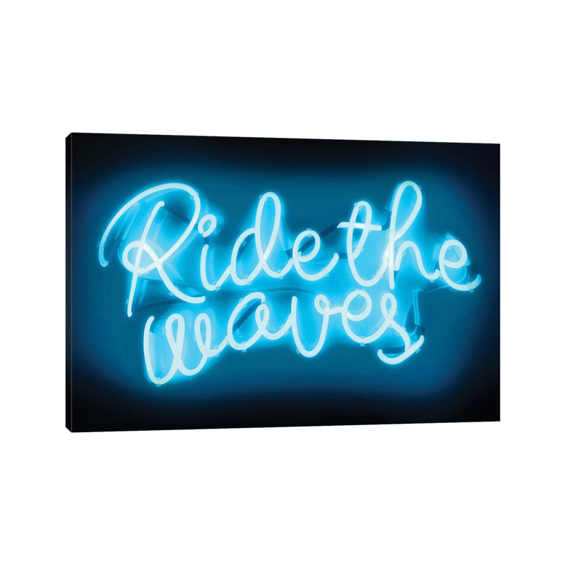 Neon Ride The Waves Aqua On Black by Hailey Carr - Wrapped Canvas Print, 20.32 cm H x 30.48 cm W