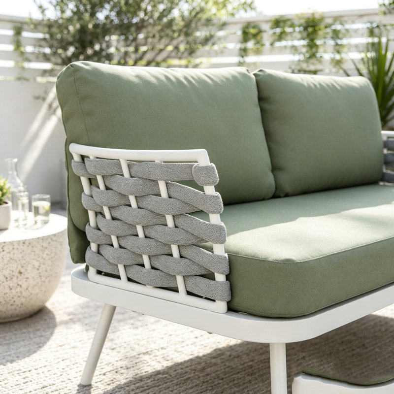 Causeuse et table en acier, Vert, blanc cassé