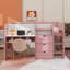 Lit mezzanine double avec bureau intégré, compartiments de rangement, tablettes ouvertes et tableau blanc Creative Idea-115197739