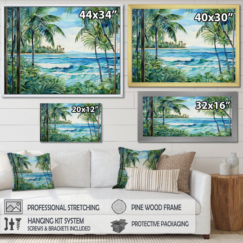 Tranquillité de plage tropicale - art mural côtier, Cadre flottant brun, H 24 po x l 32 po x P 1 po