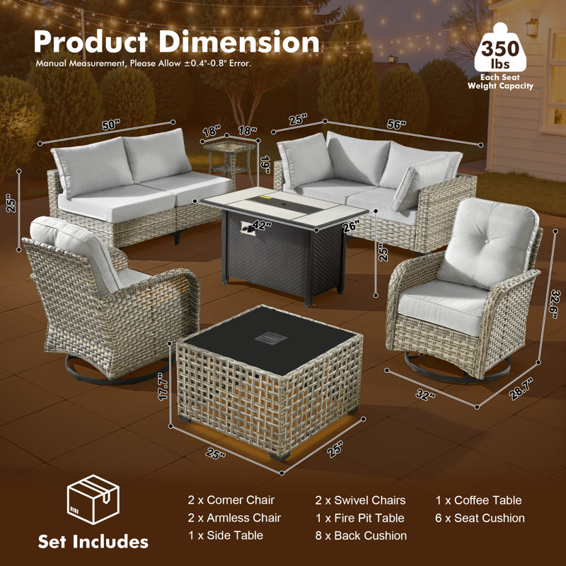 6-Person  All-Weather Wicker Outdoor Sectional With Cushions,Swivel Rockers,Led Coffee Table And Fire Pit, Gray