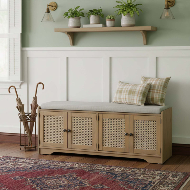 Farmhouse Rattan Door Storage Bench with Cushioned Seat, Adjustable Shelves, Multifunctional Wood Shoe Bench for Entryway, Hallway and Living Room