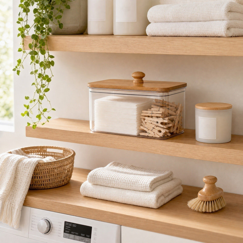 Boîte de rangement en plastique pour dosettes de lessive avec couvercle, idéale pour la buanderie, la cuisine ou la salle de bain.