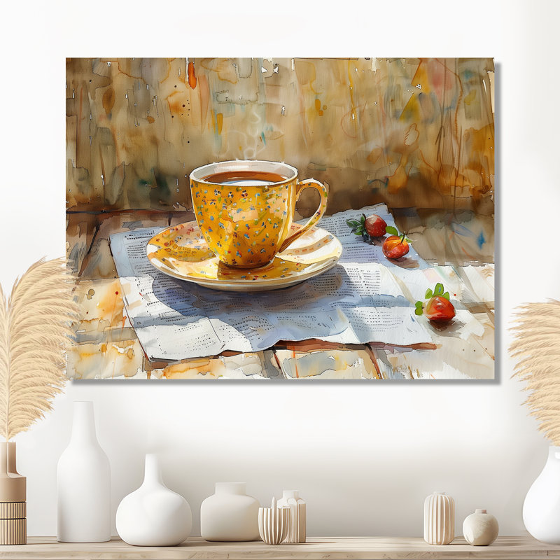 «White Beige Cozy Cup Of Coffee II», impression d'art mural café, Sans cadre, métal, H 12 po x l 20 po