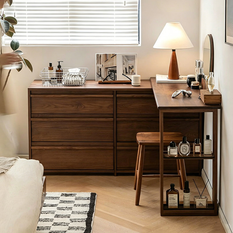 86.61"Simple solid wood chest of drawers and dressing table in one piece, H 29,53 po x l 102,36 po x P 16,54 po
