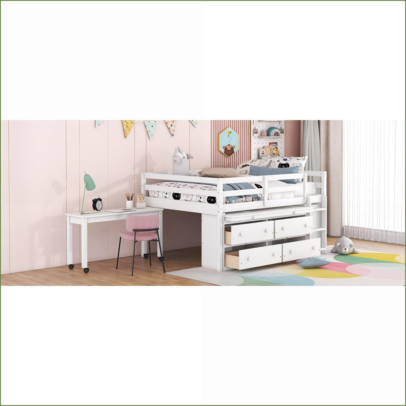 Lit mezzanine double en bois avec bureau rétractable, 4 tiroirs Tablettes - blanc / gris pour les petites chambres, Blanc