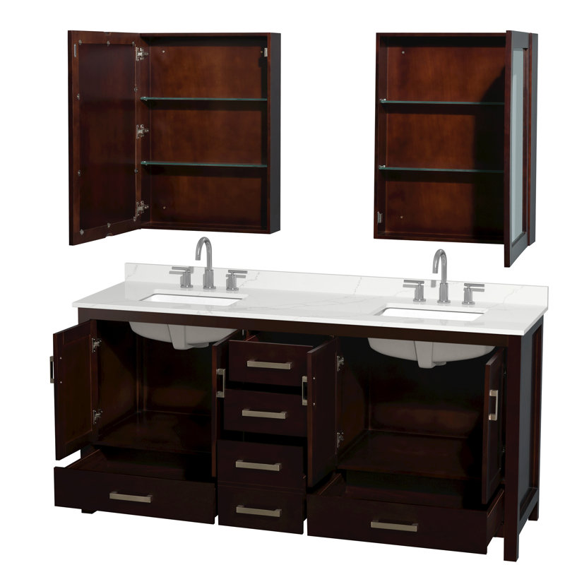 Sheffield 72" Freestanding Double Bathroom Vanity with Quartz Top with Medicine Cabinets, Brown, Chrome, Giotto Quartz