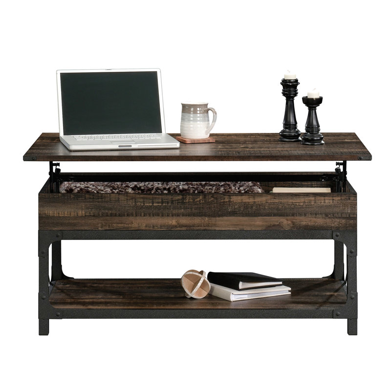 Table basse industrielle à plateau relevable avec finition chêne, forme rectangulaire, compartiment de rangement dissimulé, accents de coin à structure en métal, tablette ouverte, espaces de vie et de divertissement