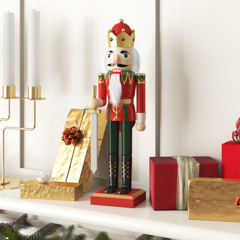 14" Red Glittered Nutcracker King with Sword Christmas Tabletop Figurine