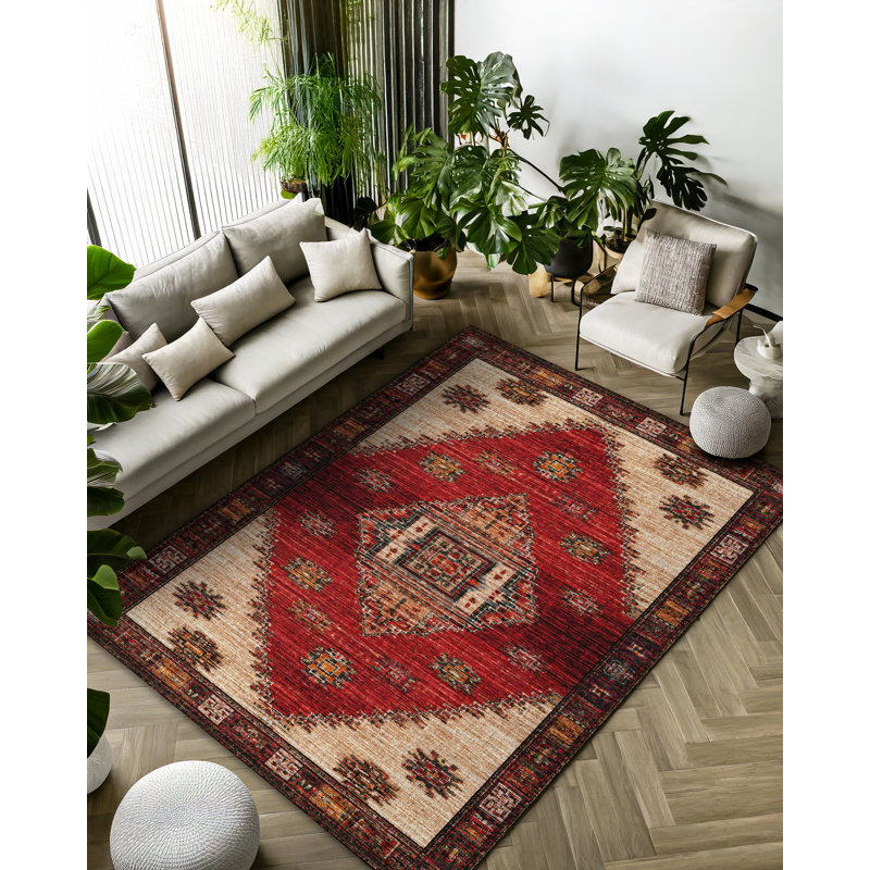 Strawbridge Red Beige Brown Moroccan Machine Printed Cotton Polyester Area Rug, Runner 2'8" x 11'6"