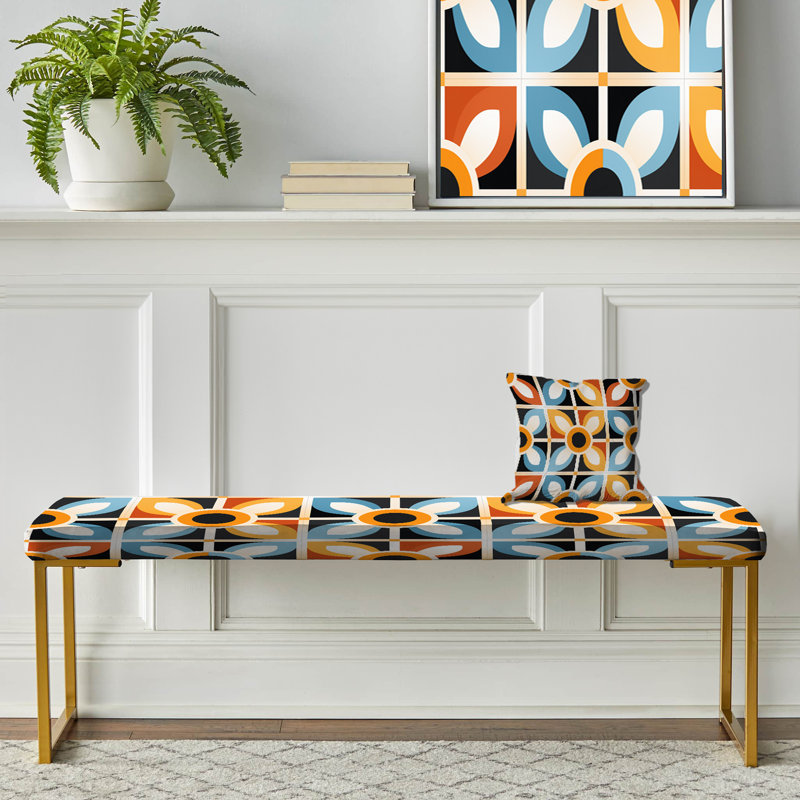 Orange And Blue Rustic Mosaic Pattern - Geometric Upholstered Gold Bench