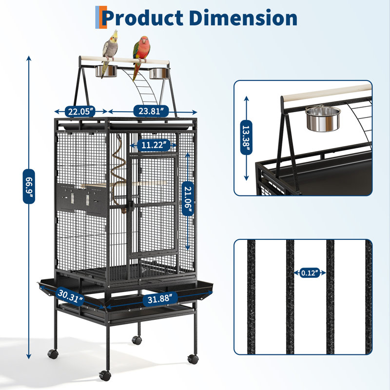Cage à perroquet 67 po avec support roulant 67 po, grande cage à perroquet en fer forgé 67 po, cage à oiseaux en métal pour oiseaux de taille moyenne, noir