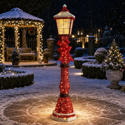 Lampadaire de décoration de Noël 60 po avec DEL blanc chaud et nœud rouge pré-éclairé, vin rouge