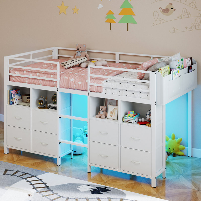Twin Size Low Loft Bed for Kids with 8 Storage Drawers,LED Lights and Bookcase,Loft Bed with 13" Guaidrail,Under-Bed Play Space